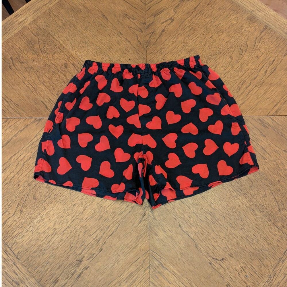 Red Heart Print Black Silk Lounge Boxer Shorts Size Large